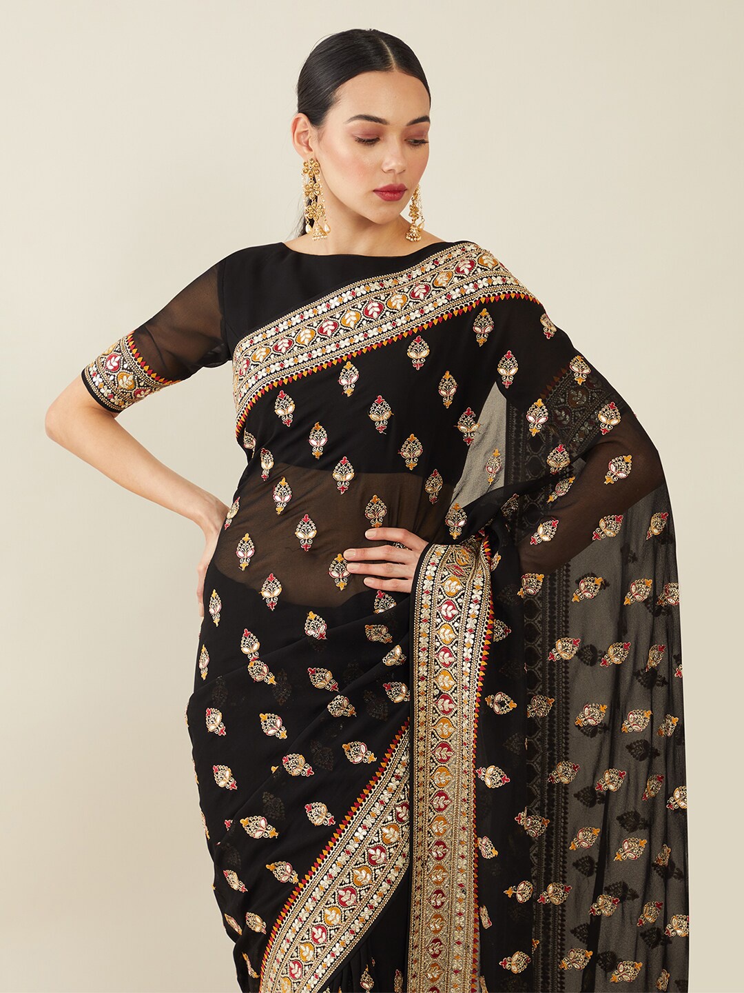 

Soch Black & Yellow Embroidered Saree