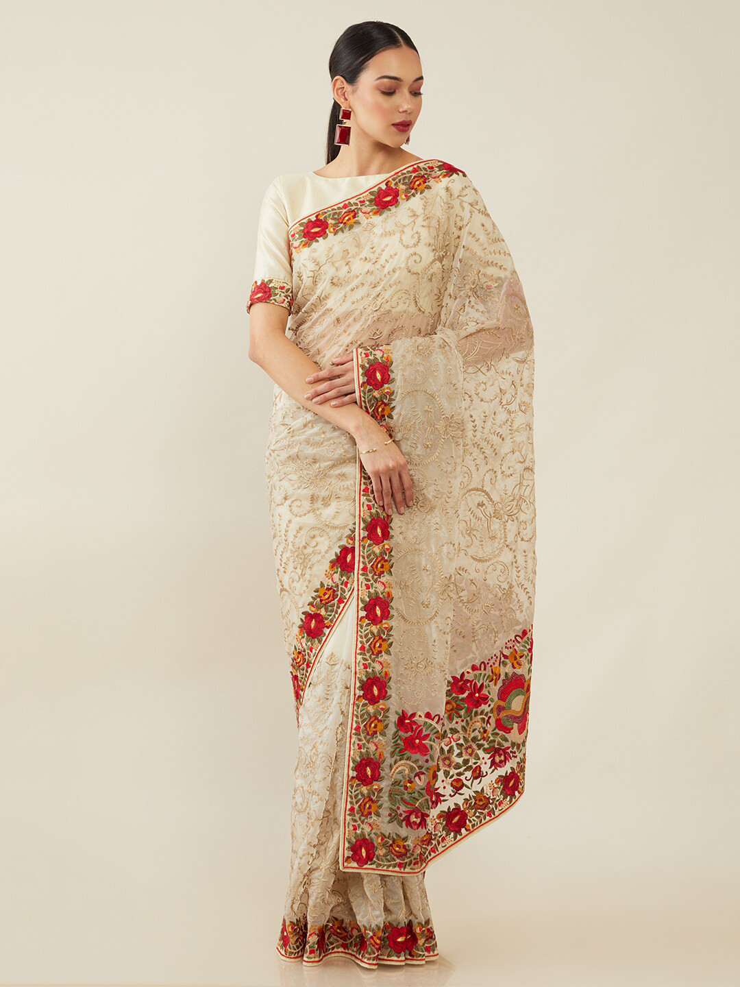 

Soch Beige & Red Floral Embroidered Organza Saree