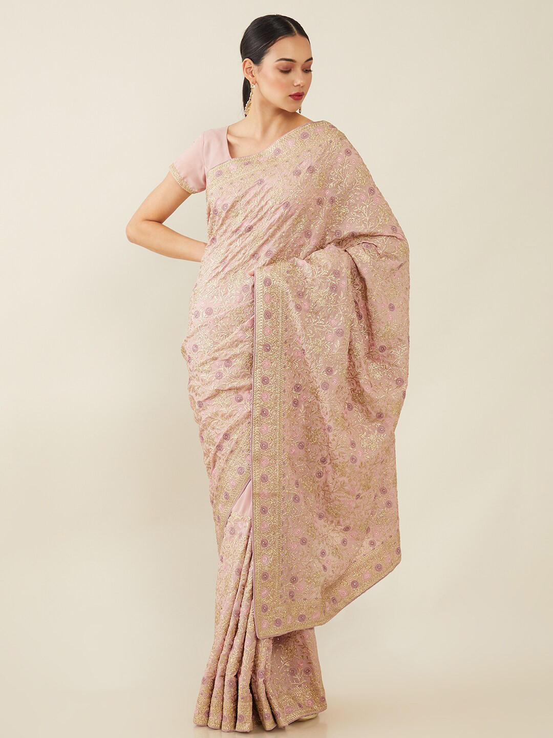 

Soch Purple & Gold-Toned Floral Embroidered Crepe Saree