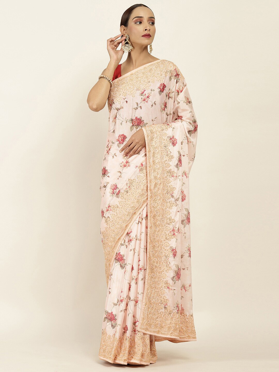 

Soch Peach-Coloured & Red Floral Beads and Stones Pure Chiffon Saree