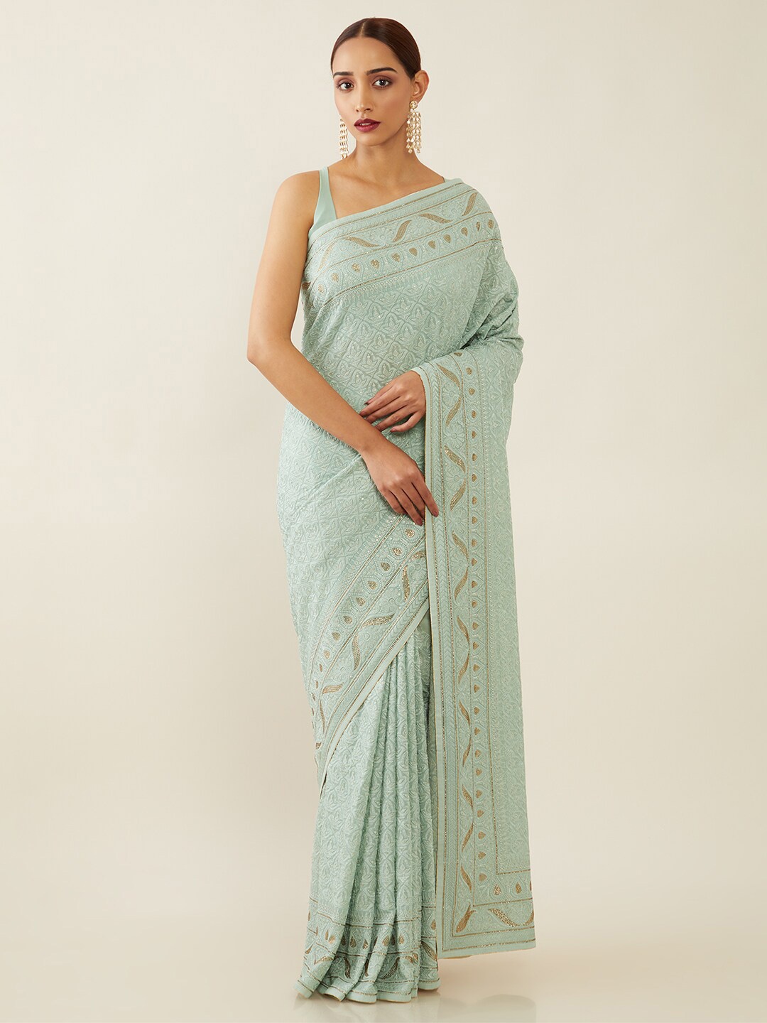 

Soch Green & Gold-Toned Embellished Beads and Stones Saree