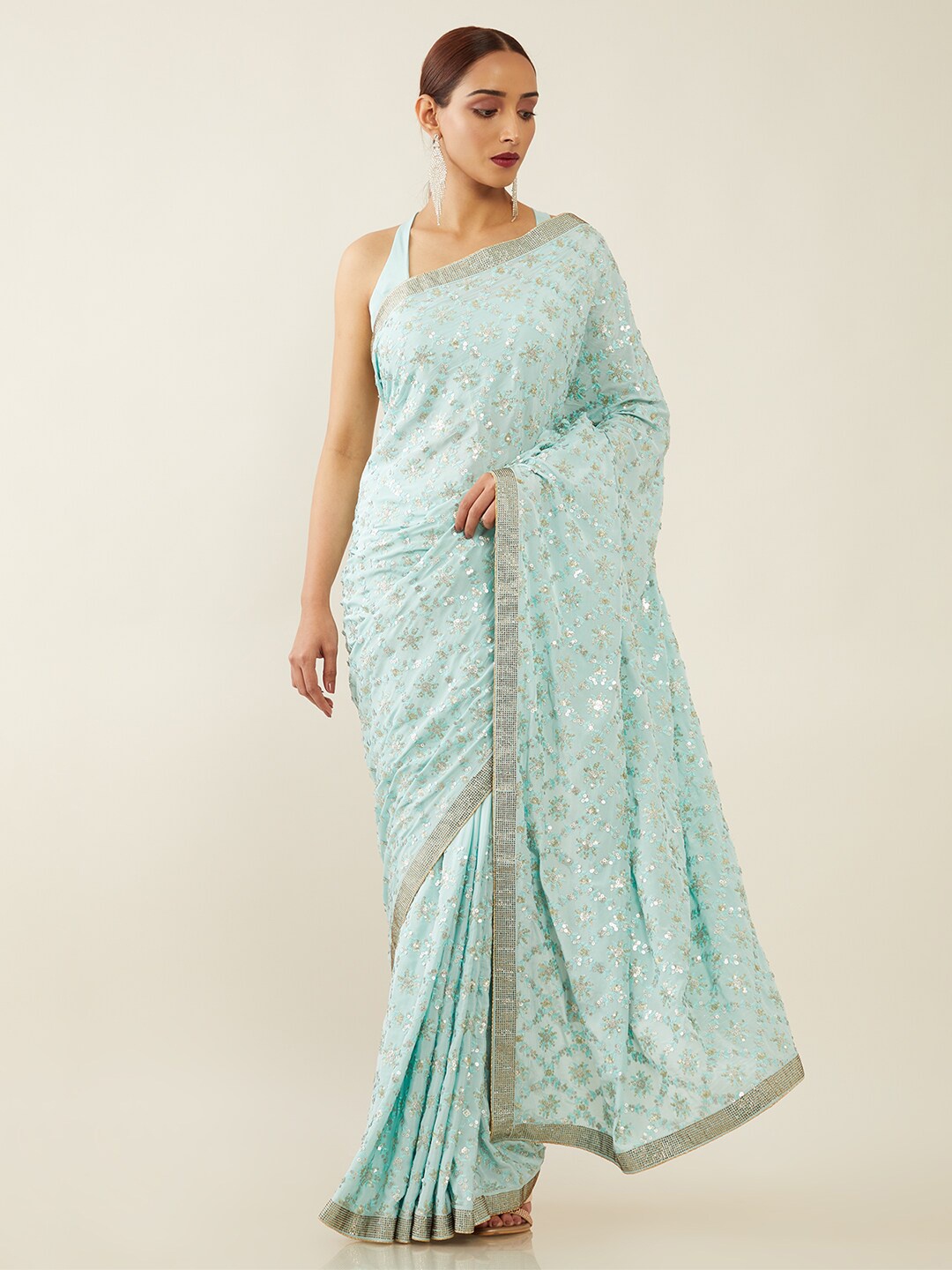 

Soch Blue & Gold-Coloured Embellished Sequinned Saree