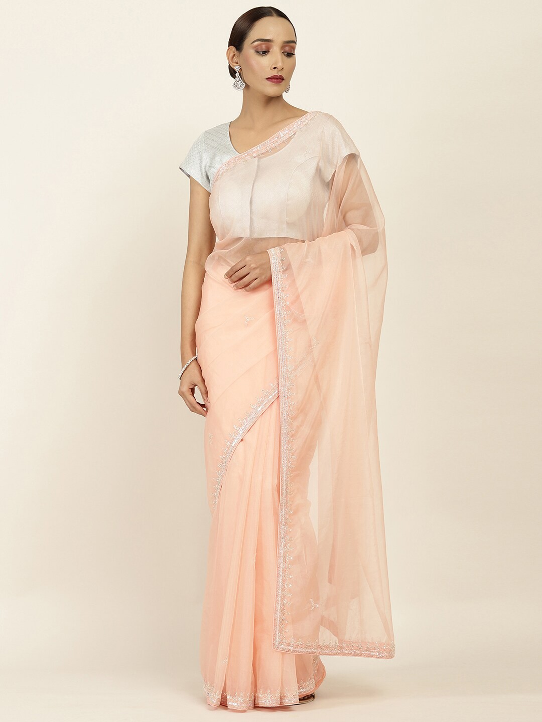 

Soch Coral & Silver Embellished Organza Saree