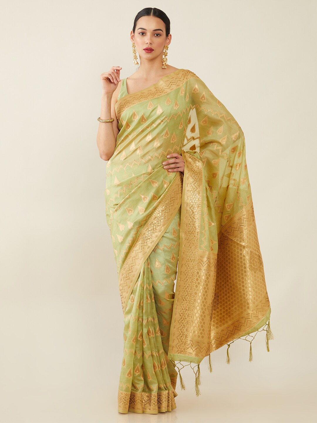

Soch Green & Gold-Toned Floral Organza Saree