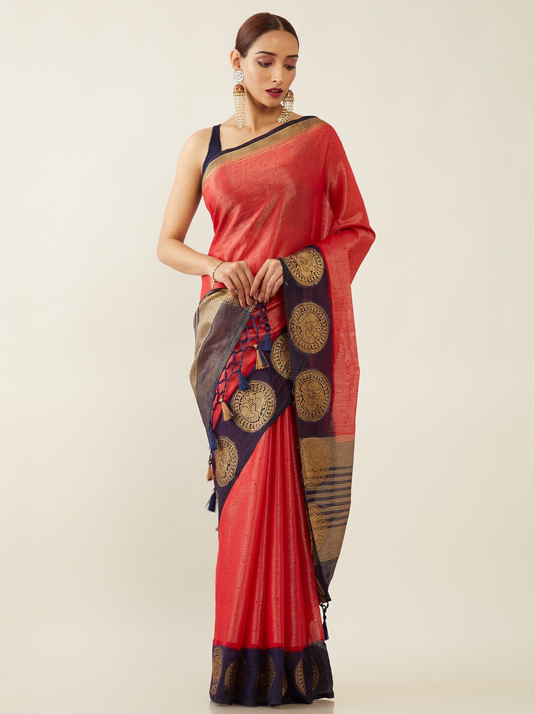 

Soch Red & Navy Blue Ethnic Motifs Zari Art Silk Saree