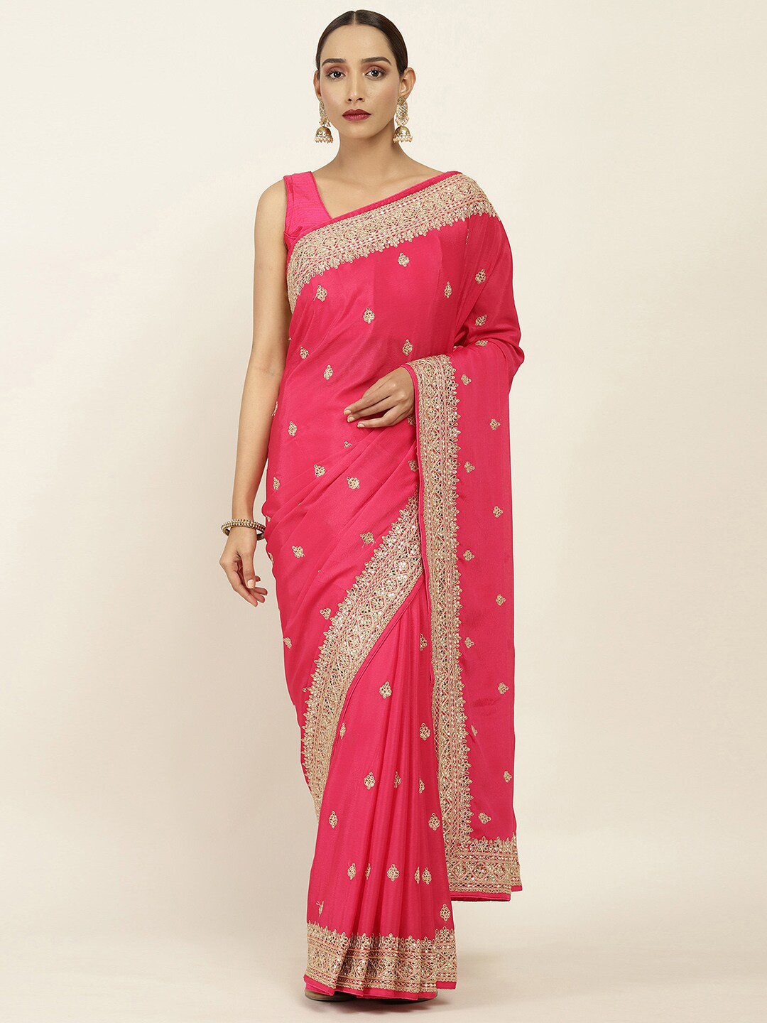 

Soch Pink & Gold-Toned Floral Embroidered Pure Chiffon Saree