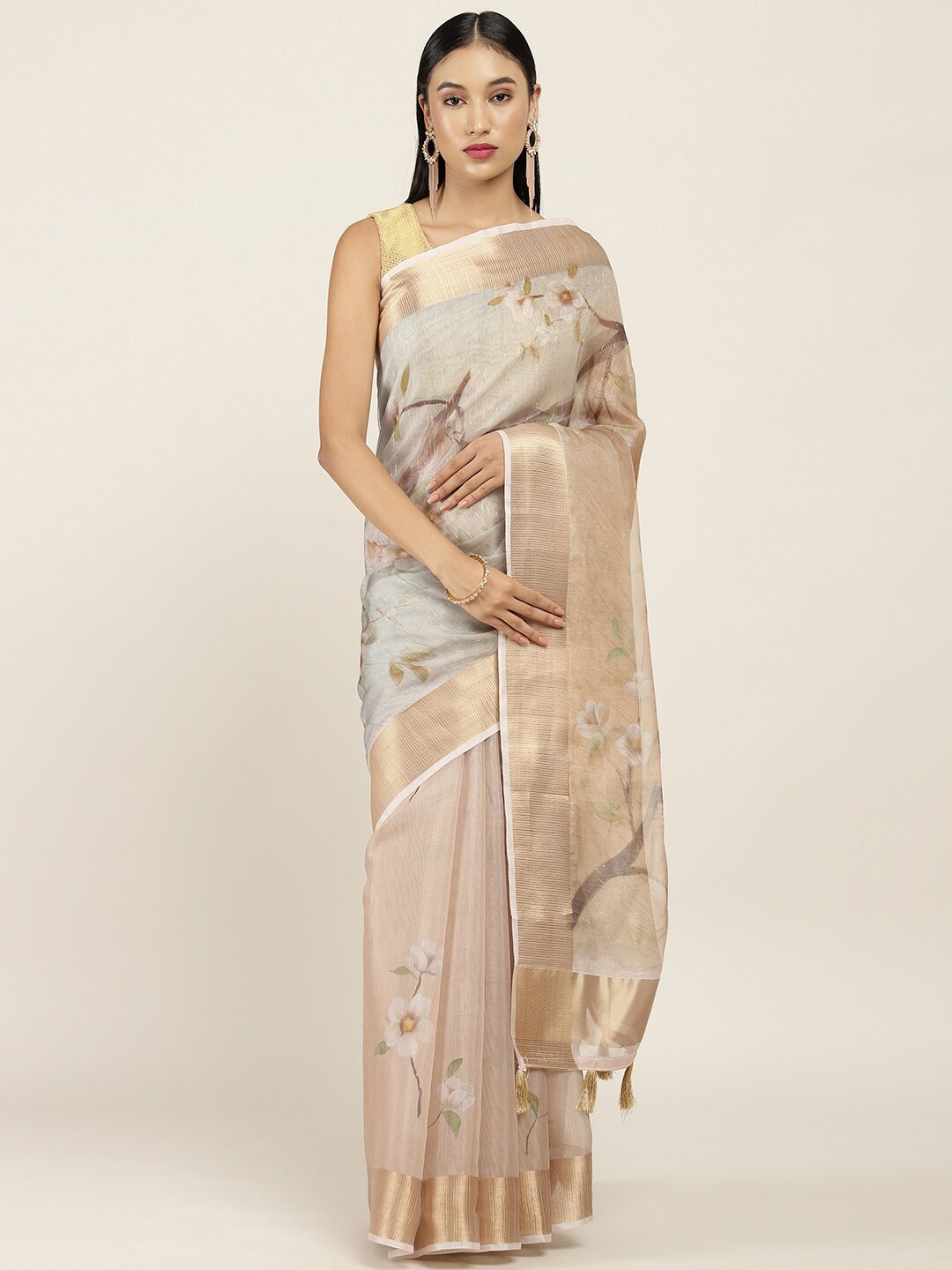 

Soch Gold-Coloured & Grey Floral Printed Zari Organza Saree