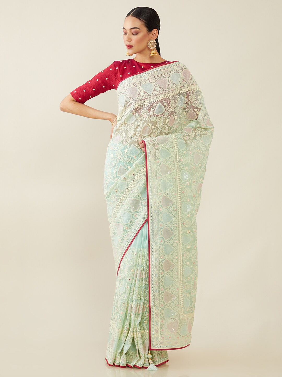 

Soch Sea Green & Magenta Ethnic Motifs Sequinned Net Saree
