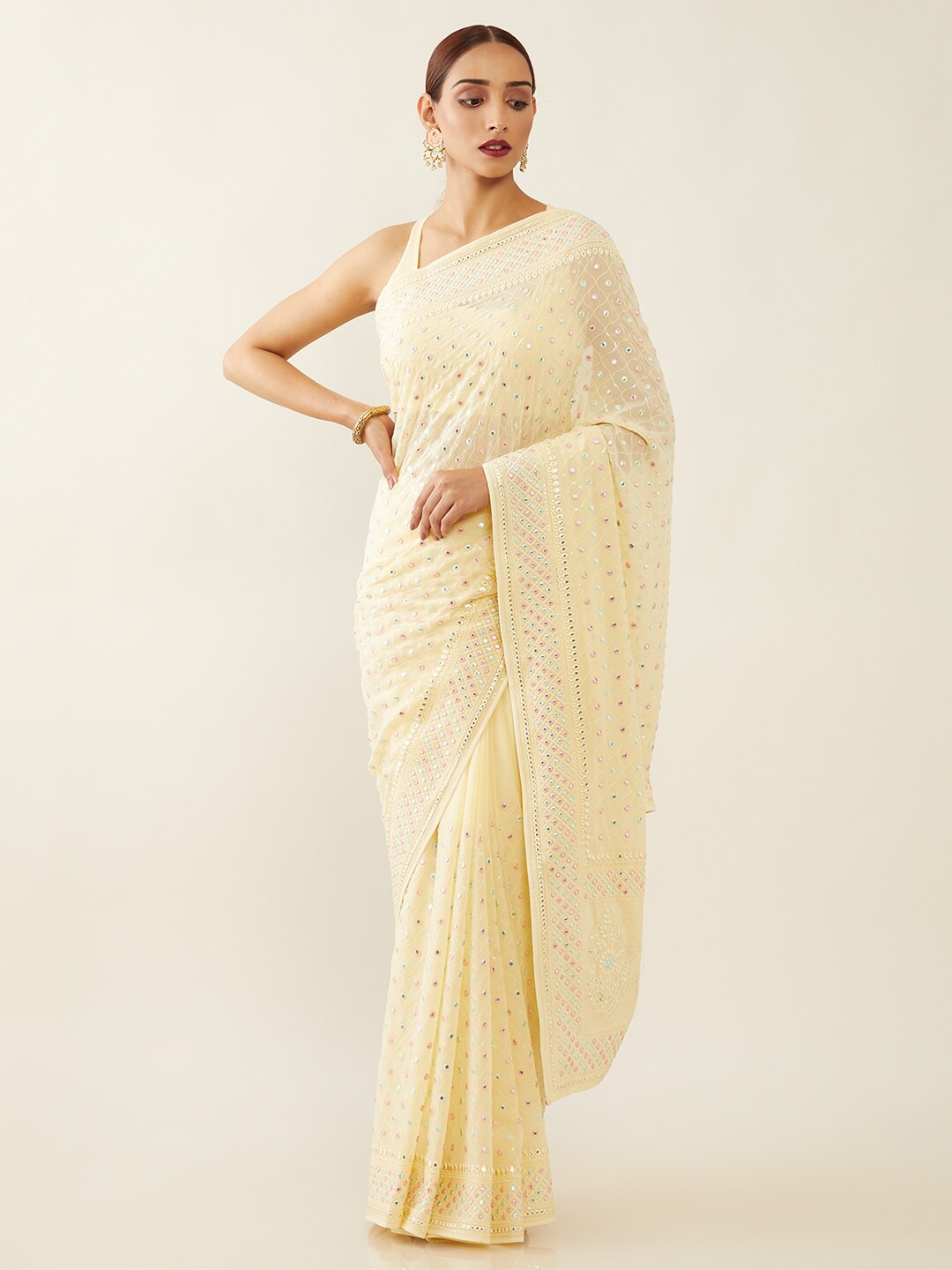 

Soch Cream-Coloured & Silver-Toned Embellished Mirror Work Saree