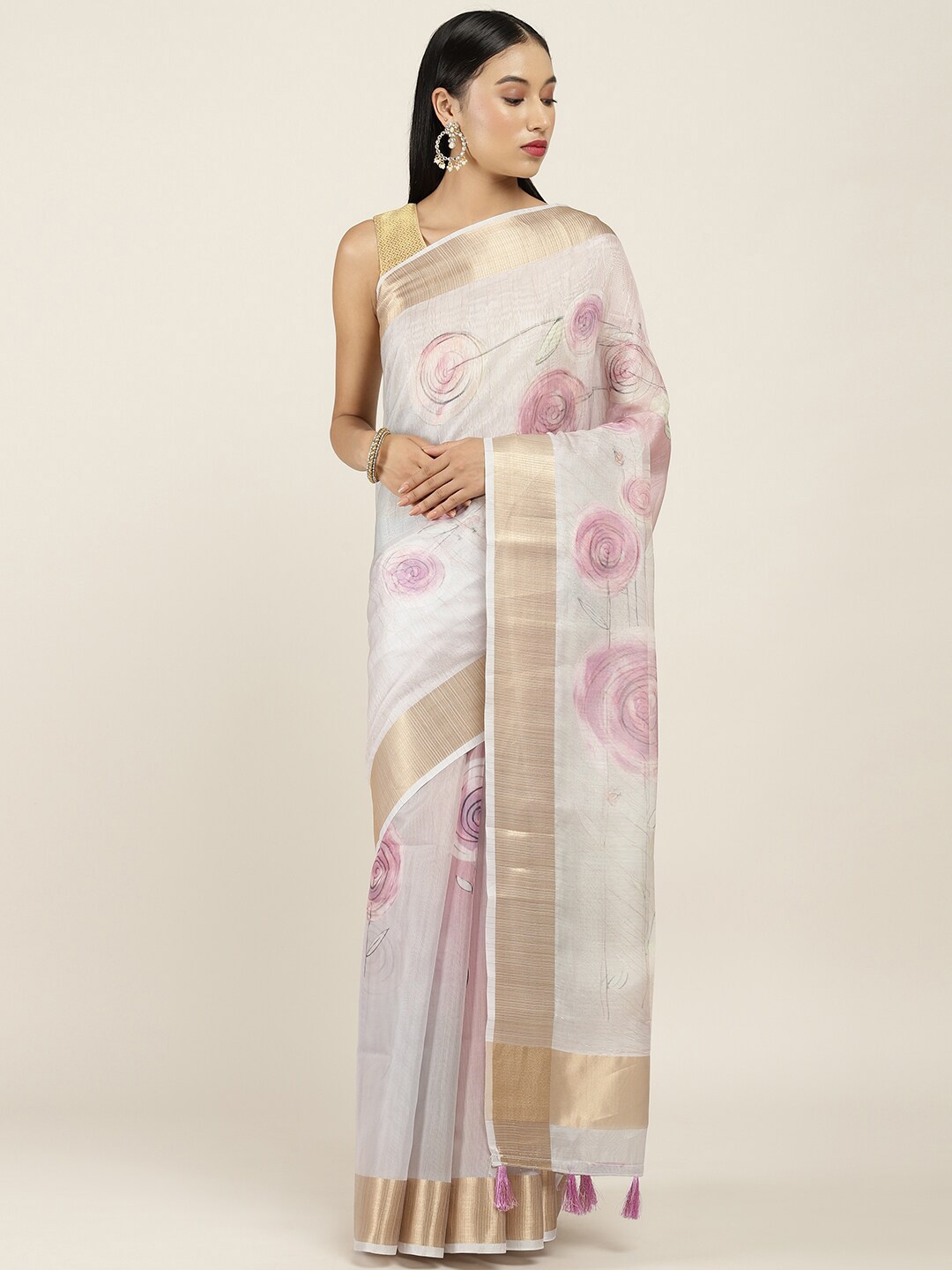 

Soch Purple & Gold-Coloured Floral Printed Zari Organza Saree