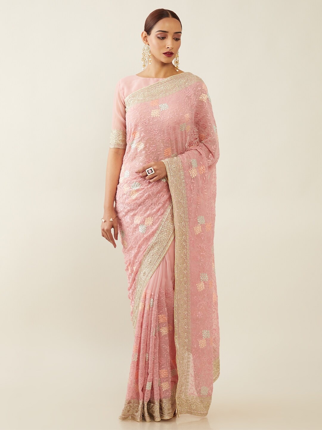 

Soch Pink & Green Floral Embroidered Beads and Stones Saree