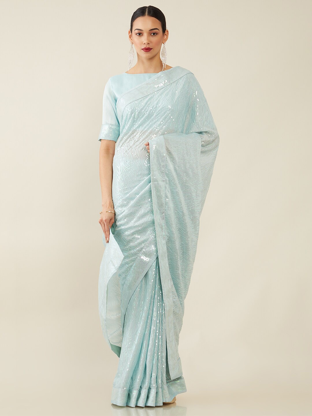

Soch Blue & Silver Embellished Sequinned Saree