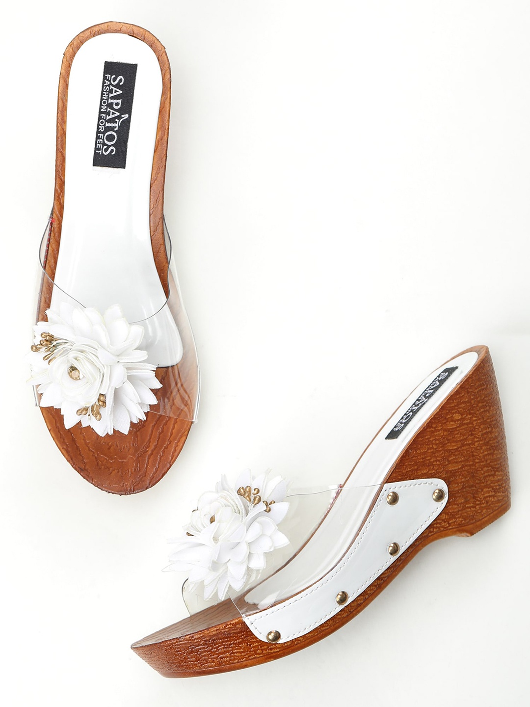 

SAPATOS White Colourblocked Wedge Mules with Laser Cuts