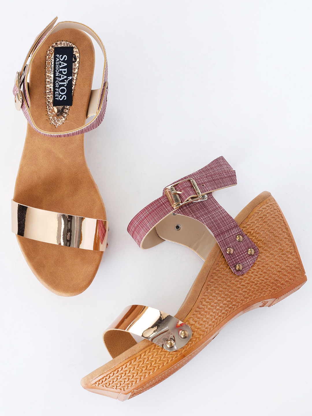 

SAPATOS Maroon Colourblocked Wedge Sandals with Laser Cuts