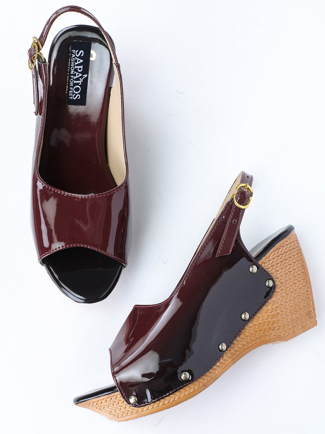 

SAPATOS Maroon Printed Wedge Peep Toes with Tassels