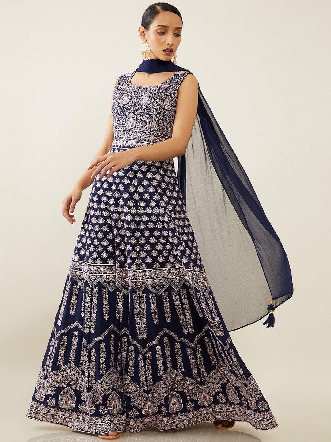 

Soch Women Navy Blue Ethnic Motifs Empire Kurti with Skirt & With Dupatta