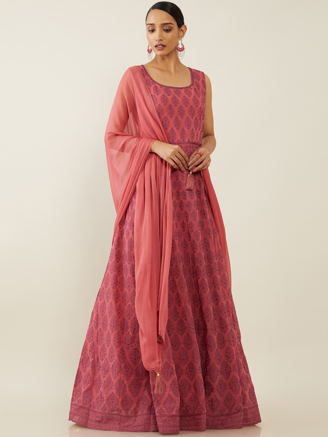 

Soch Women Coral Ethnic Motifs Embroidered Empire Kurta with Skirt & With Dupatta