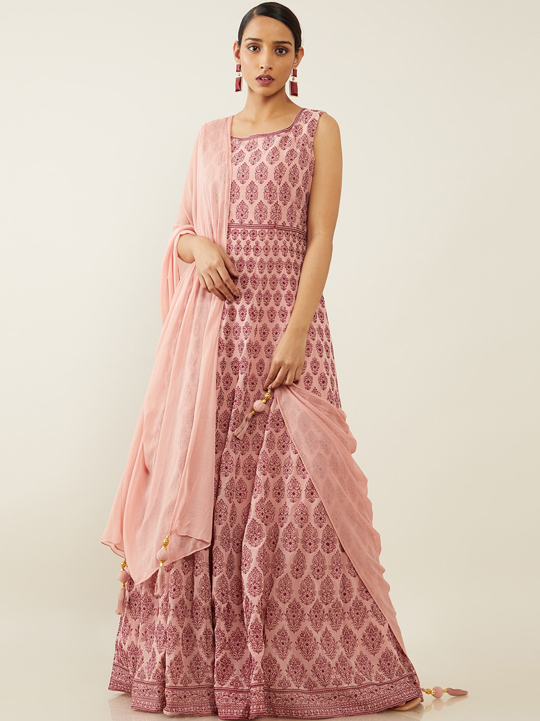 

Soch Women Pink Floral Embroidered Empire Kurti with Skirt & With Dupatta