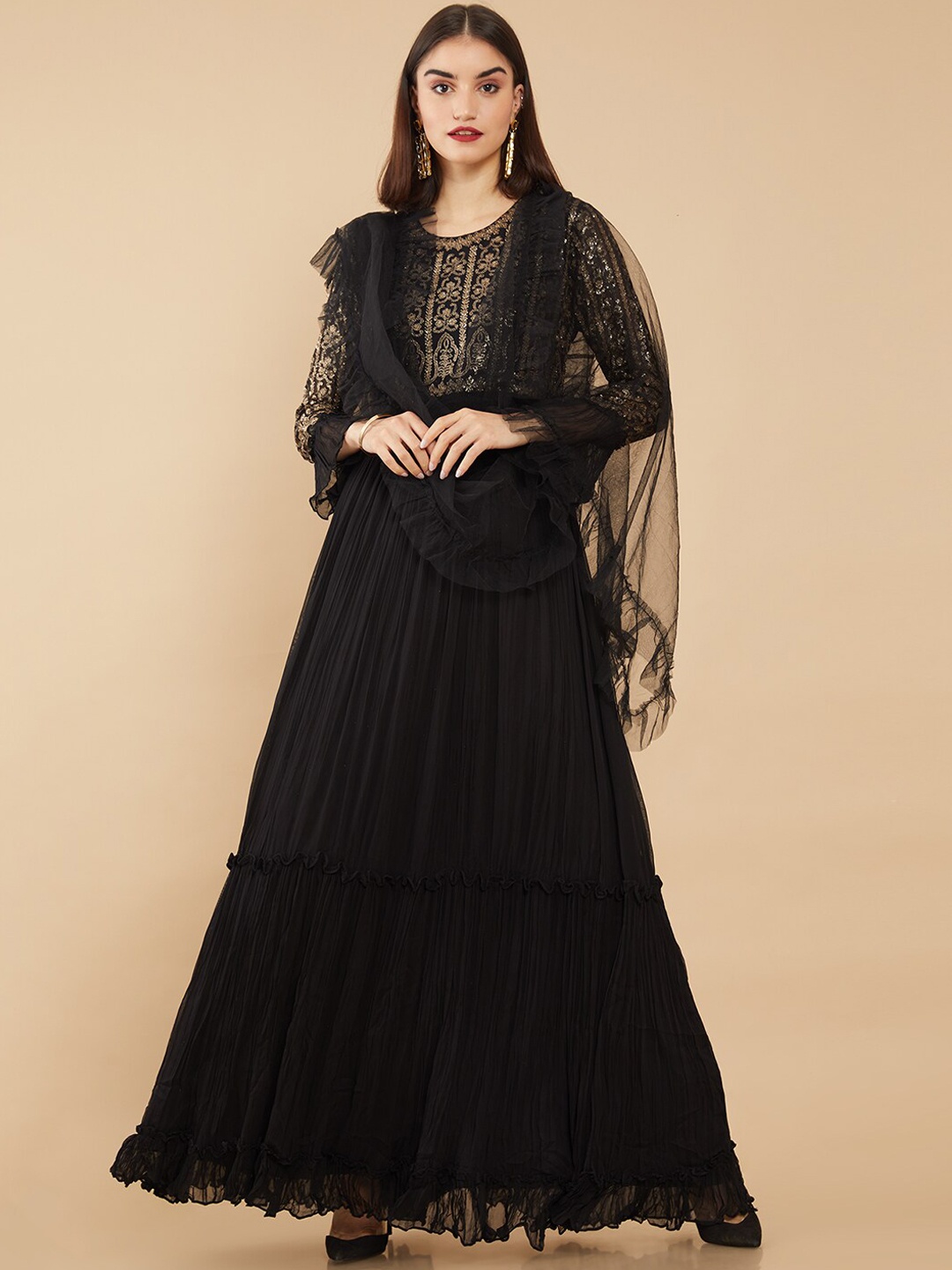 

Soch Women Black Embroidered Pleated Kurti with Sharara & With Dupatta