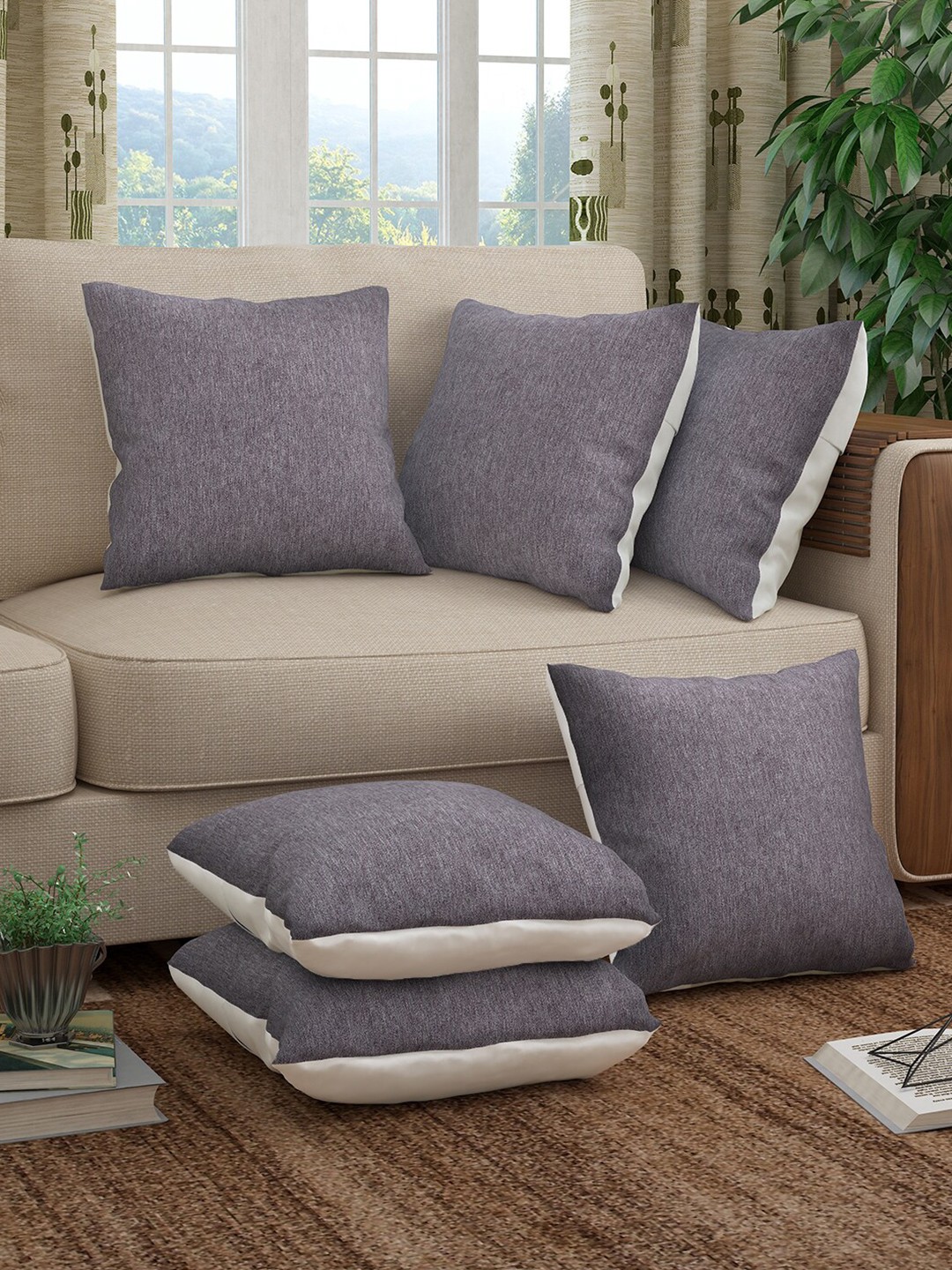 

Story@home Violet & White Set of 6 Square Cushion Covers