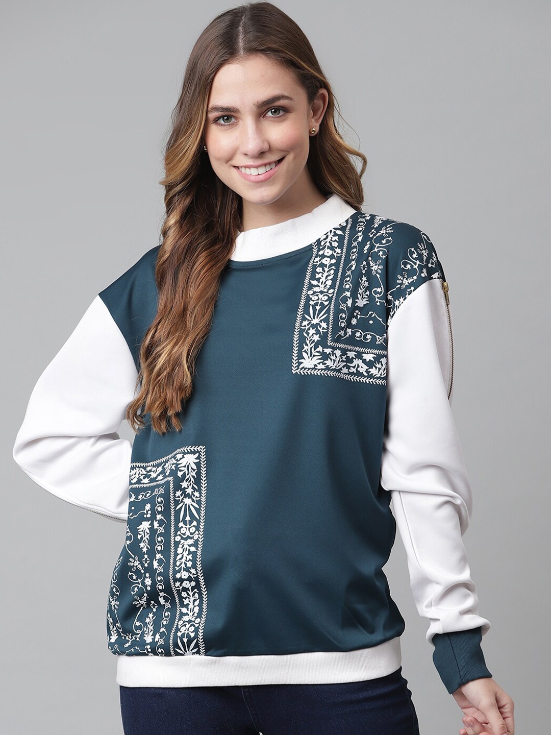 

OTORVA Women Teal Blue & White Printed Sweatshirt