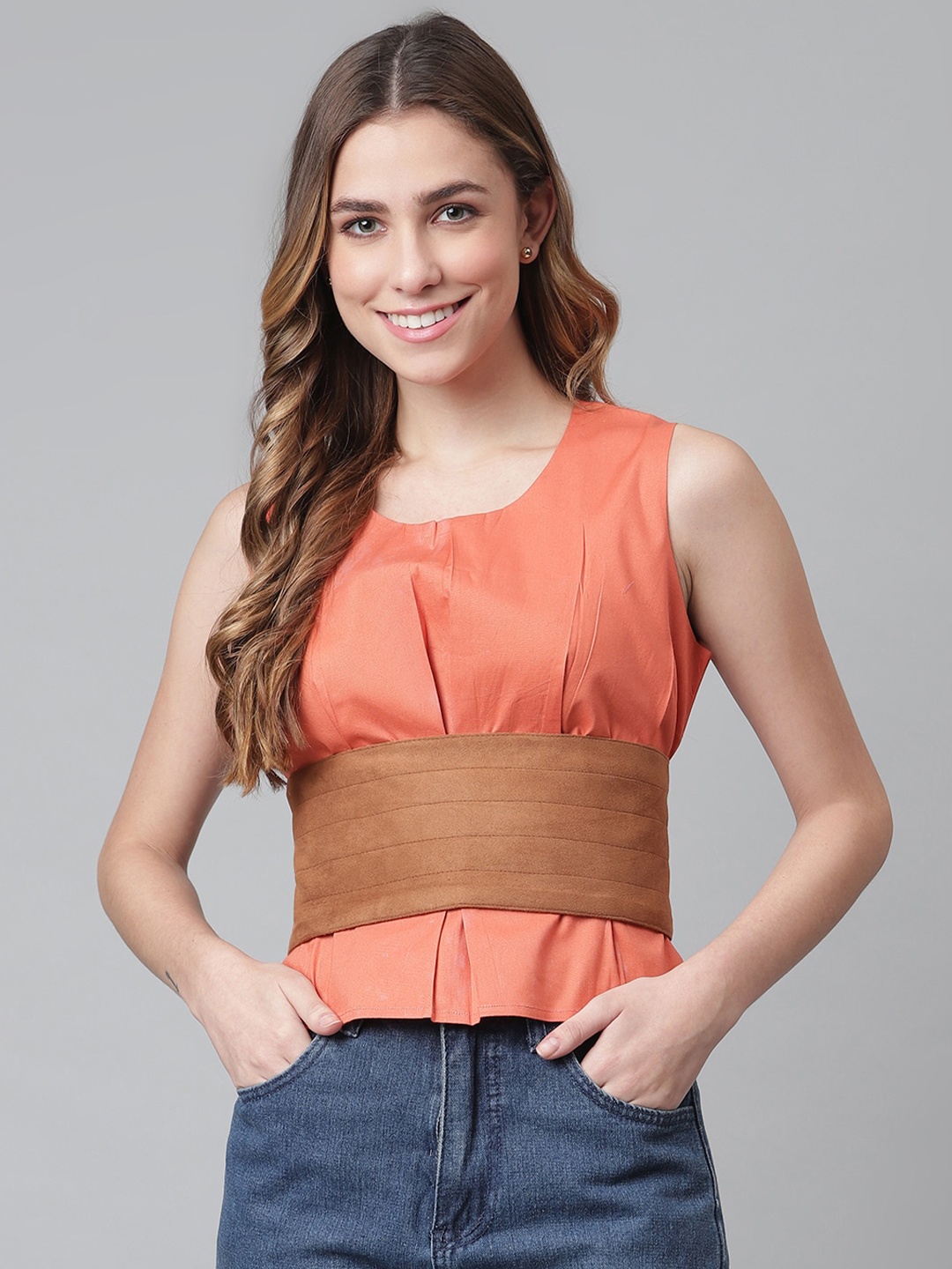 

OTORVA Orange Solid Waist Belt Crop Top