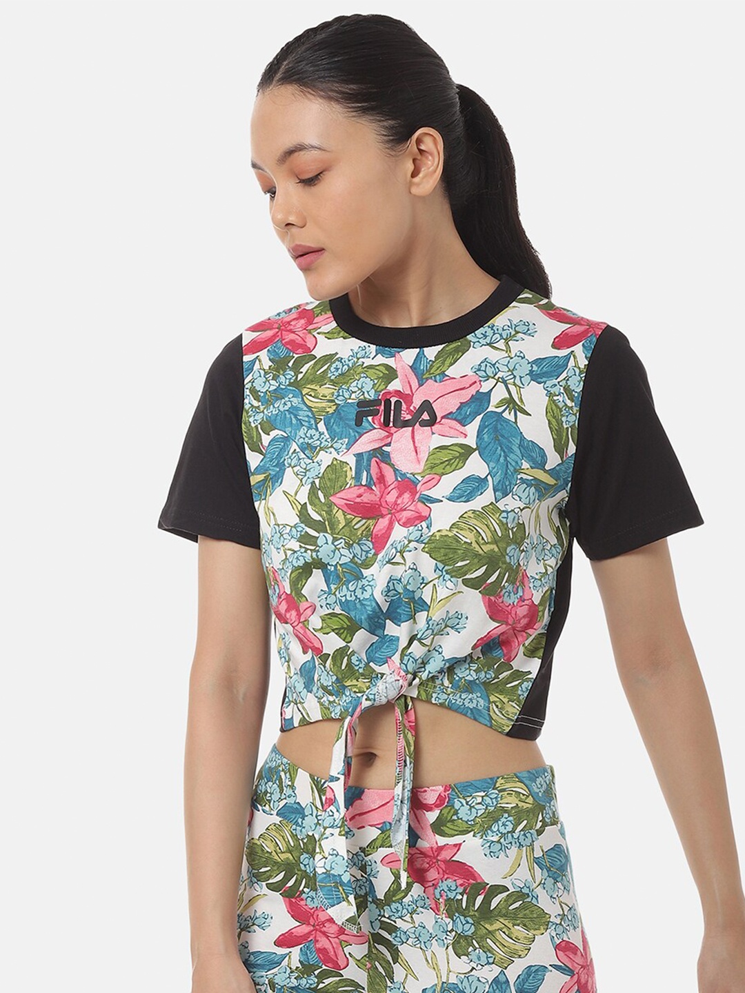 

FILA White & Black Floral Print Pure Cotton Crop Top