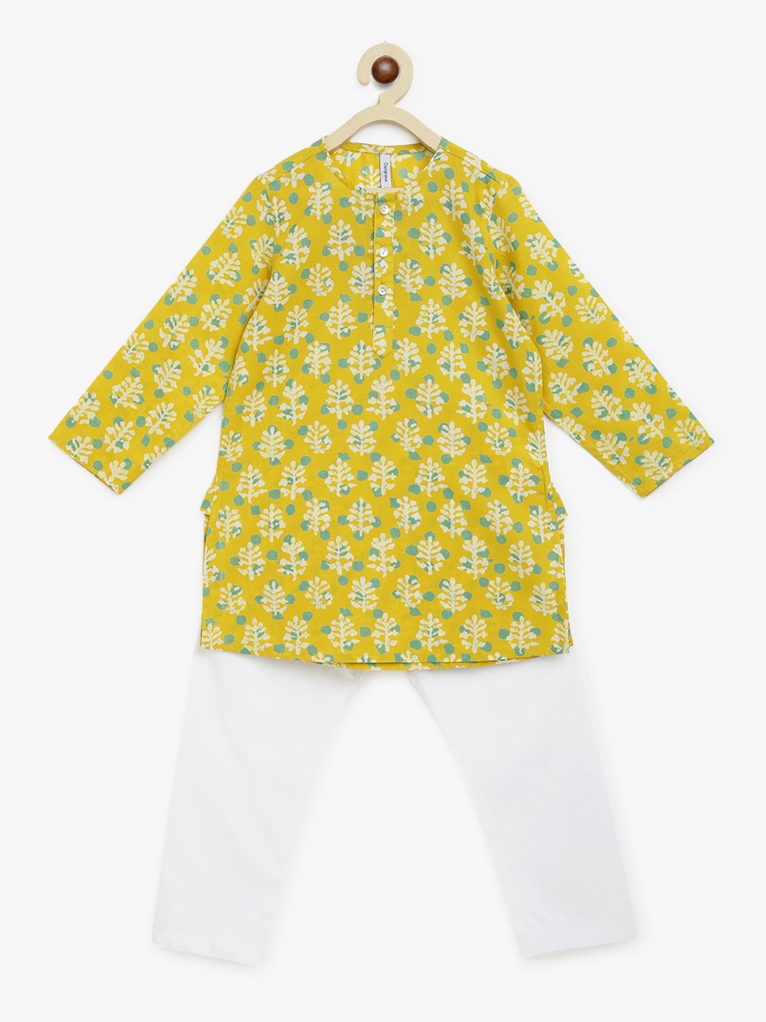 

Campana Boys Mustard Yellow Printed Angrakha Pure Cotton Kurta with Pyjamas