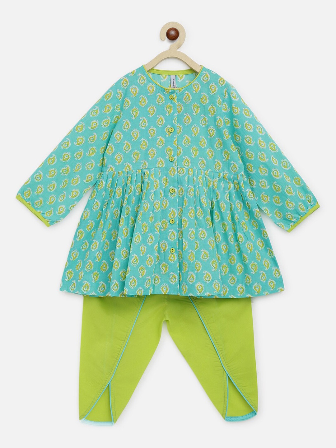 

Campana Girls Turquoise Blue Ethnic Motifs Printed Empire Pure Cotton Kurta with Salwar