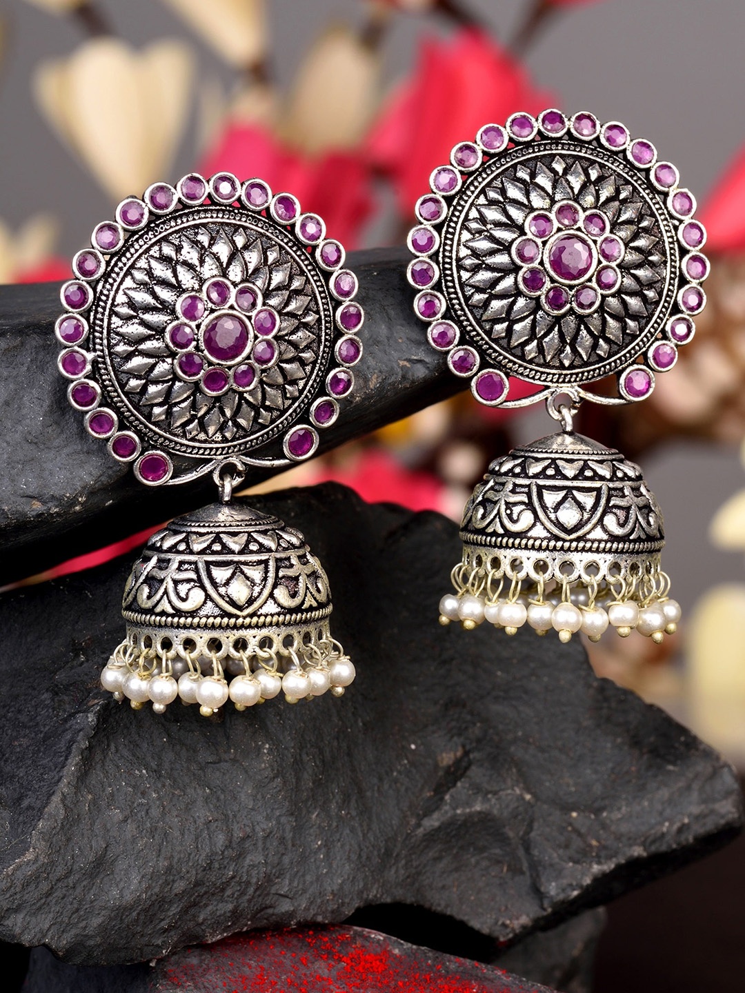 

Saraf RS Jewellery Silver-Toned & Magenta Oxidised Dome Jhumkas