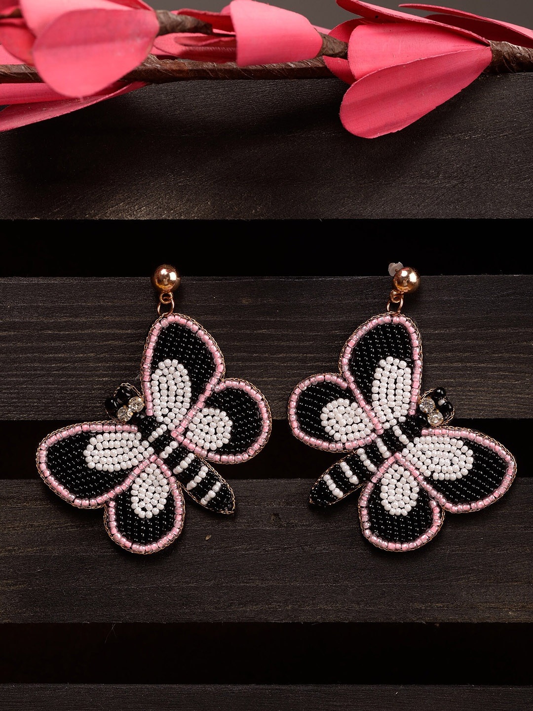 

Saraf RS Jewellery Black & Pink Butterfly Shaped Drop Earrings