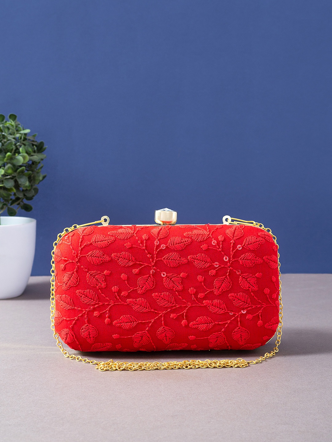 

Golden Peacock Women Red Embroidered Box Clutch