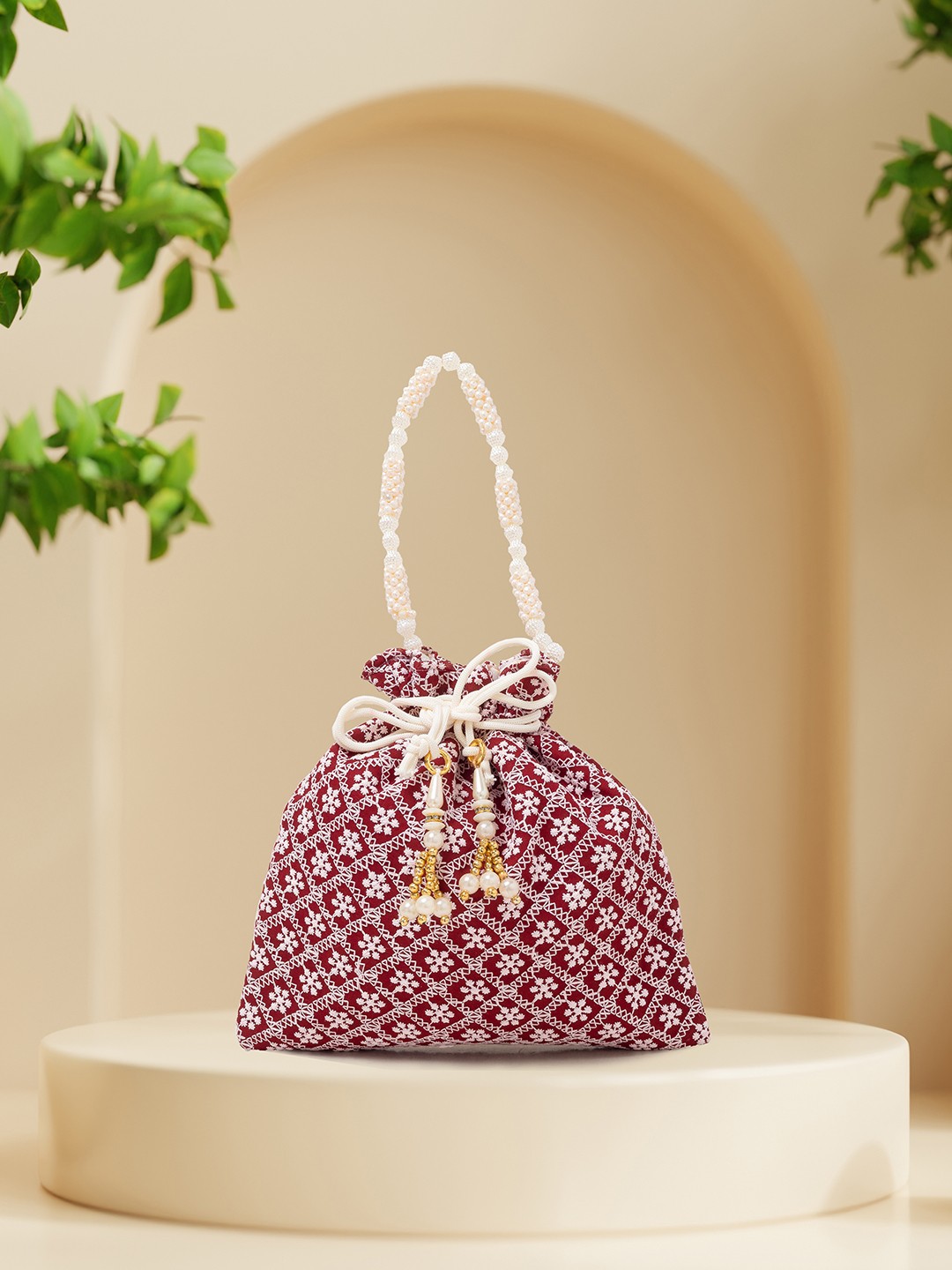 

Golden Peacock Maroon & White Embroidered Potli Clutch