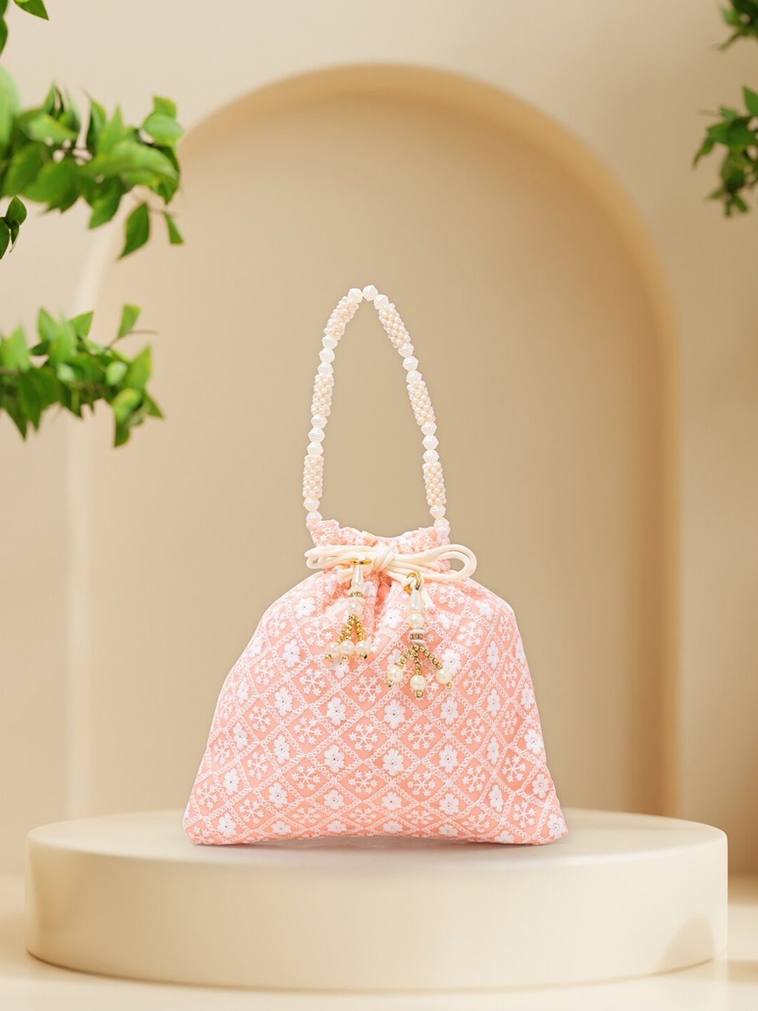 

Golden Peacock Pink & White Embroidered Potli Clutch