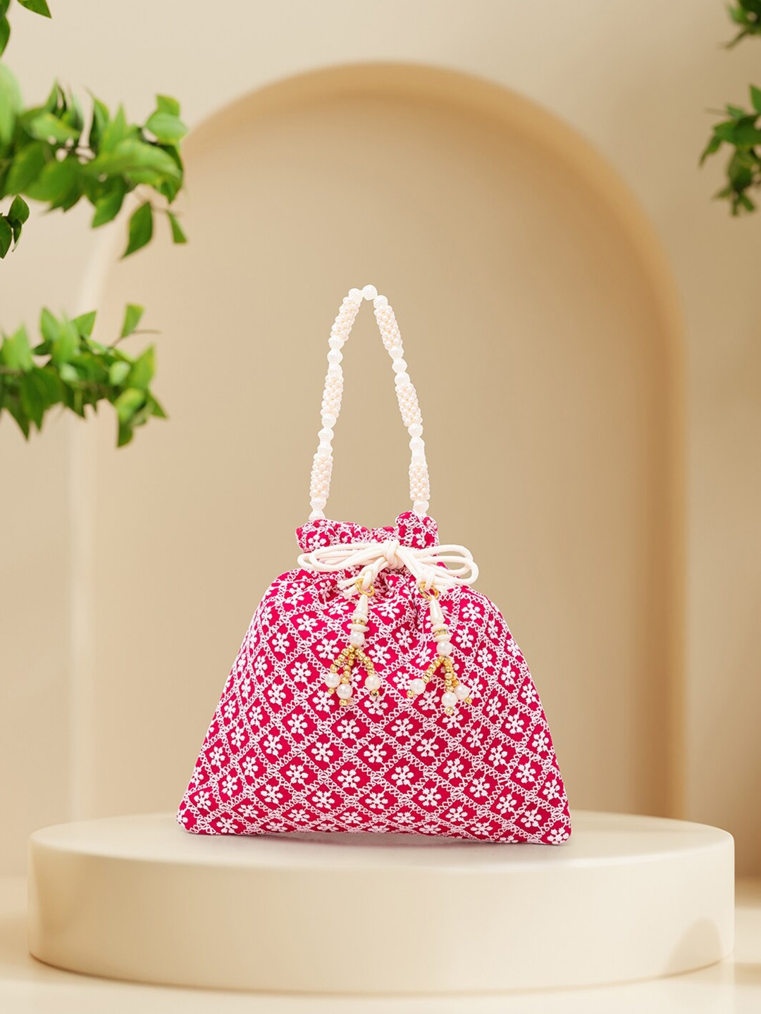 

Golden Peacock Pink & White Embroidered Potli Clutch