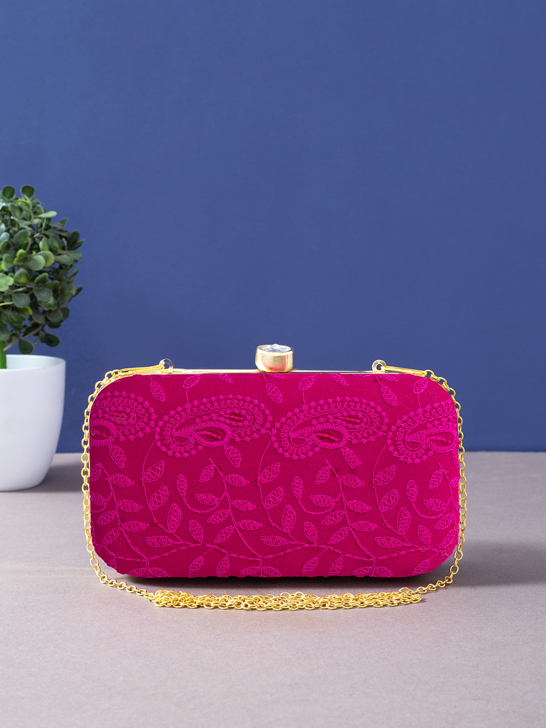 

Golden Peacock Pink Embroidered Box Clutch