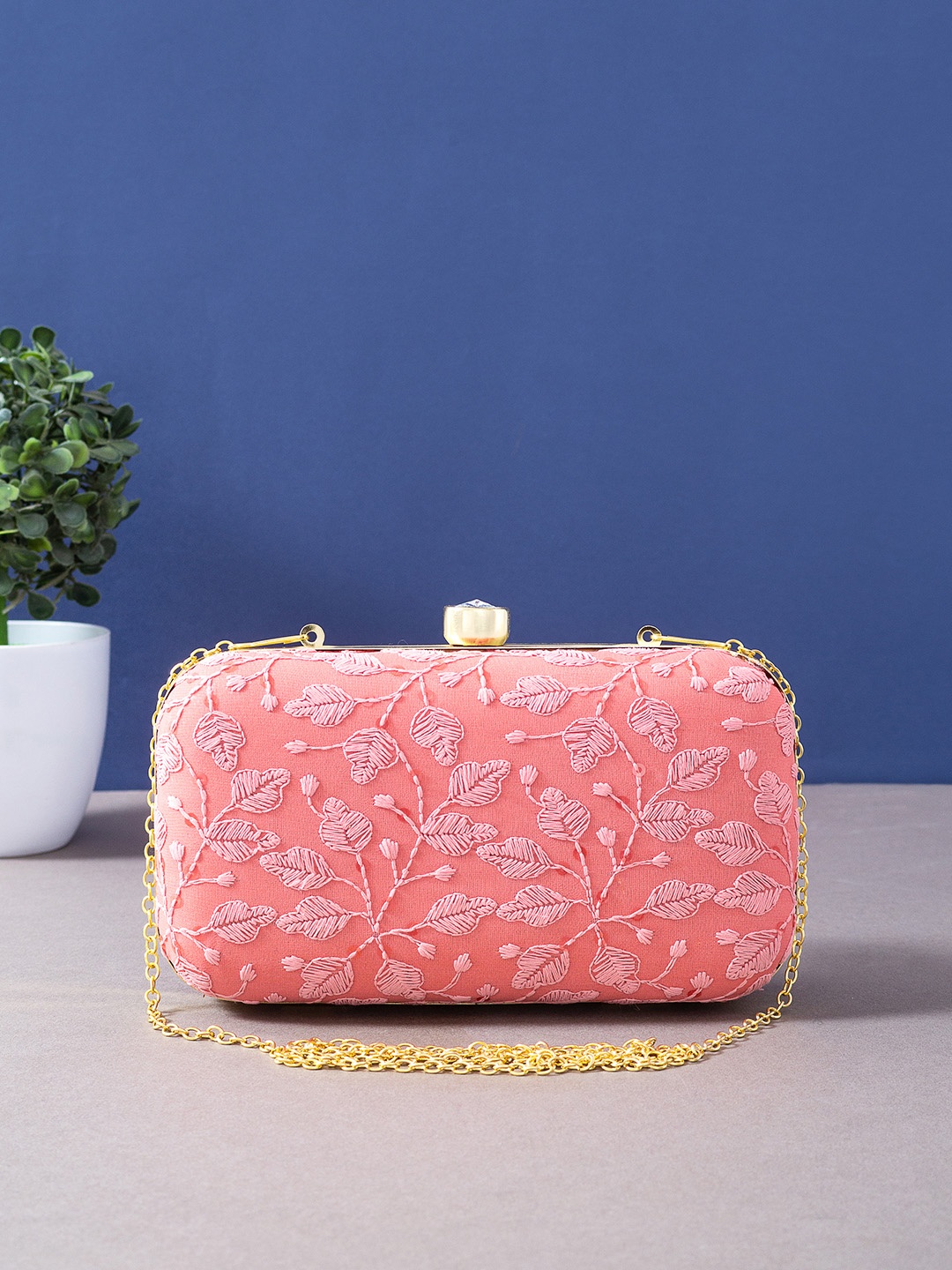 

Golden Peacock Peach-Coloured & Gold-Toned Embroidered Box Clutch