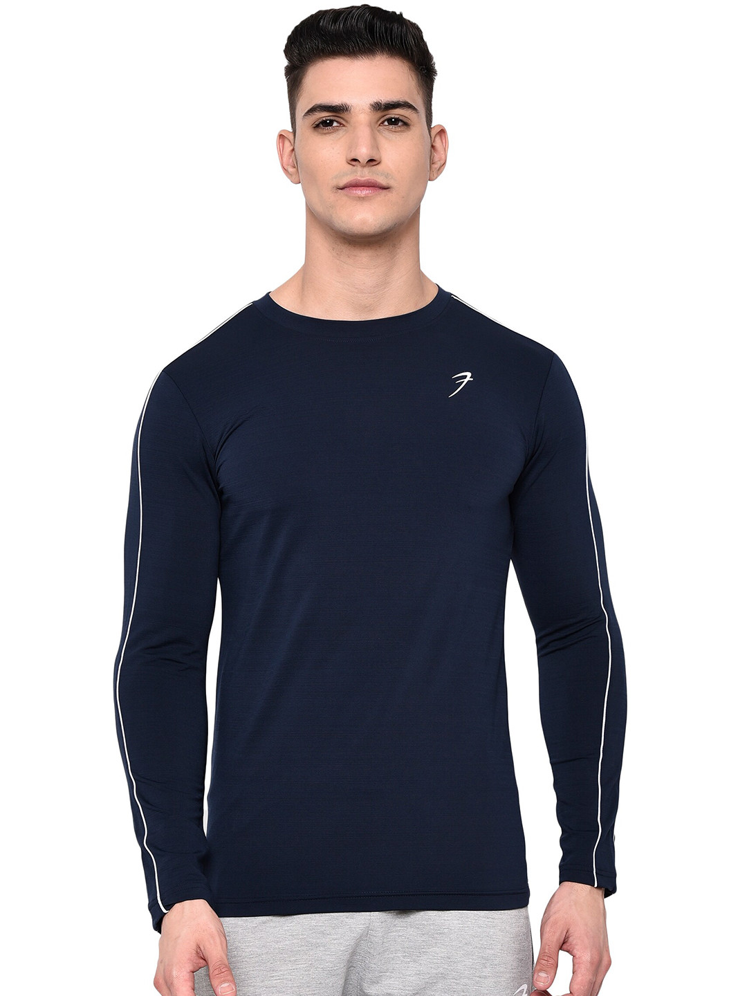 

FUAARK Men Navy Blue Printed Dri-FIT Slim Fit Training or Gym Full Sleeves T-shirt