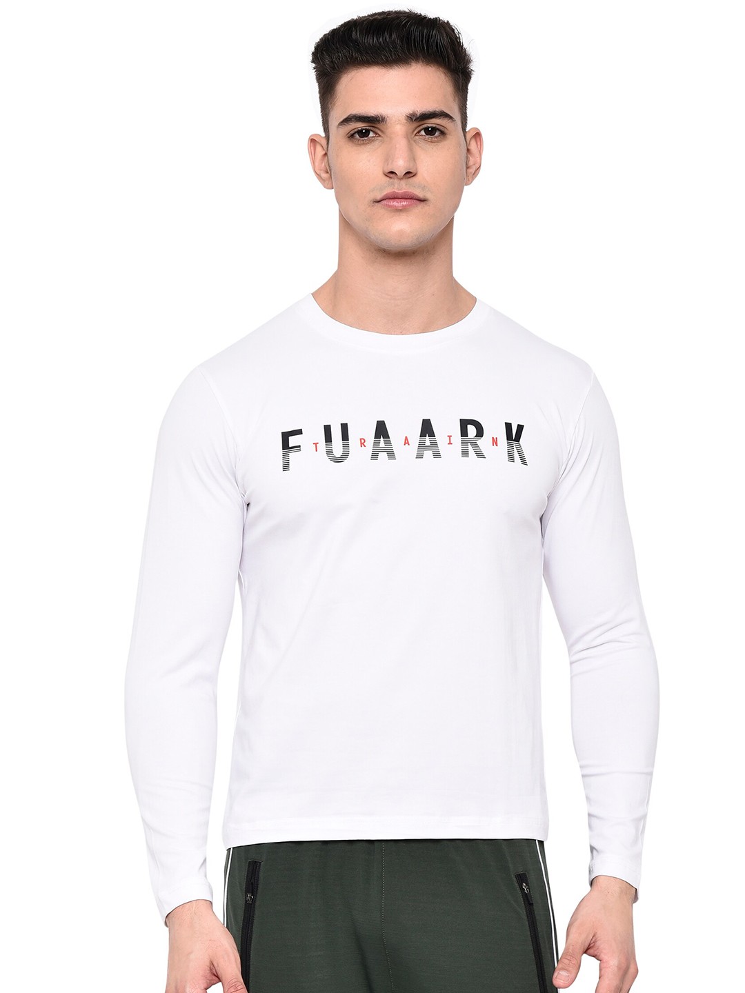 

FUAARK Men White Typography Dri-FIT Training or Gym T-shirt