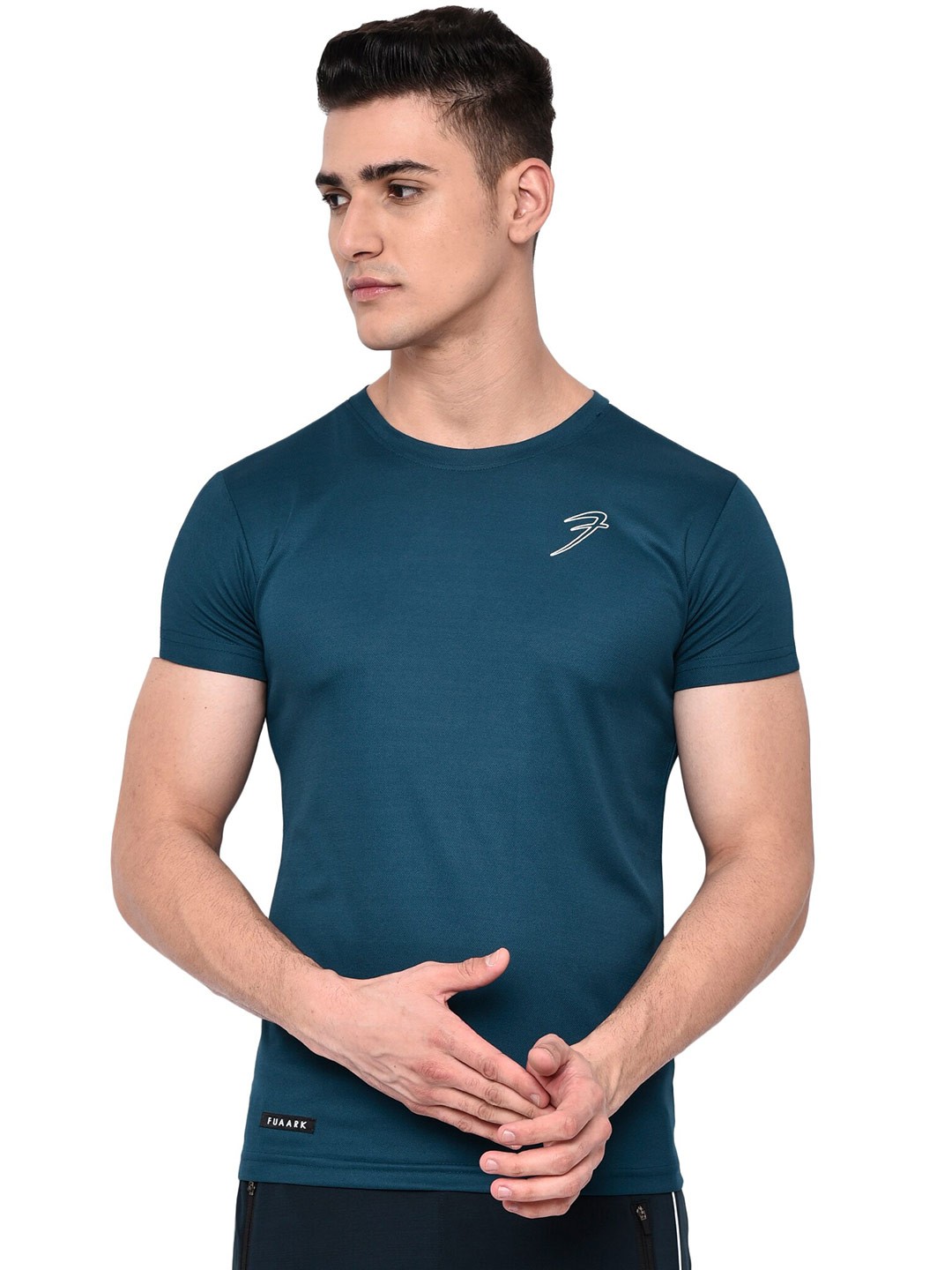 

FUAARK Men Teal Blue & White Colourblocked Dri-FIT Slim Fit Training or Gym T-shirt
