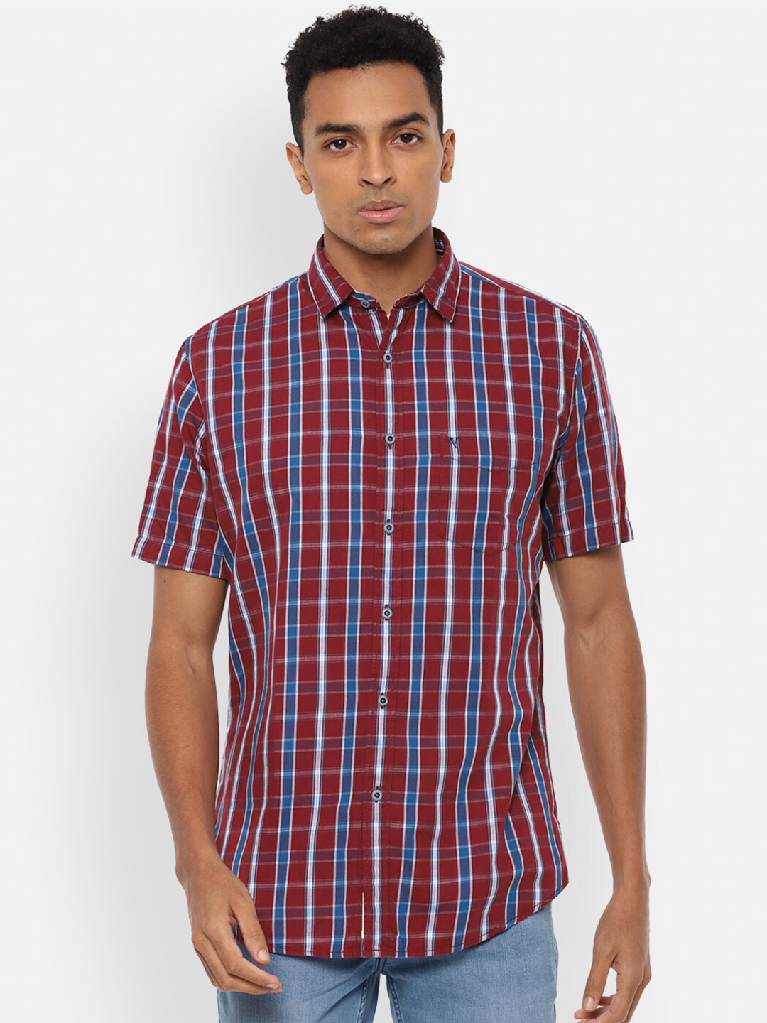 

VAN HEUSEN DENIM LABS Men Maroon Slim Fit Checked Cotton Casual Shirt