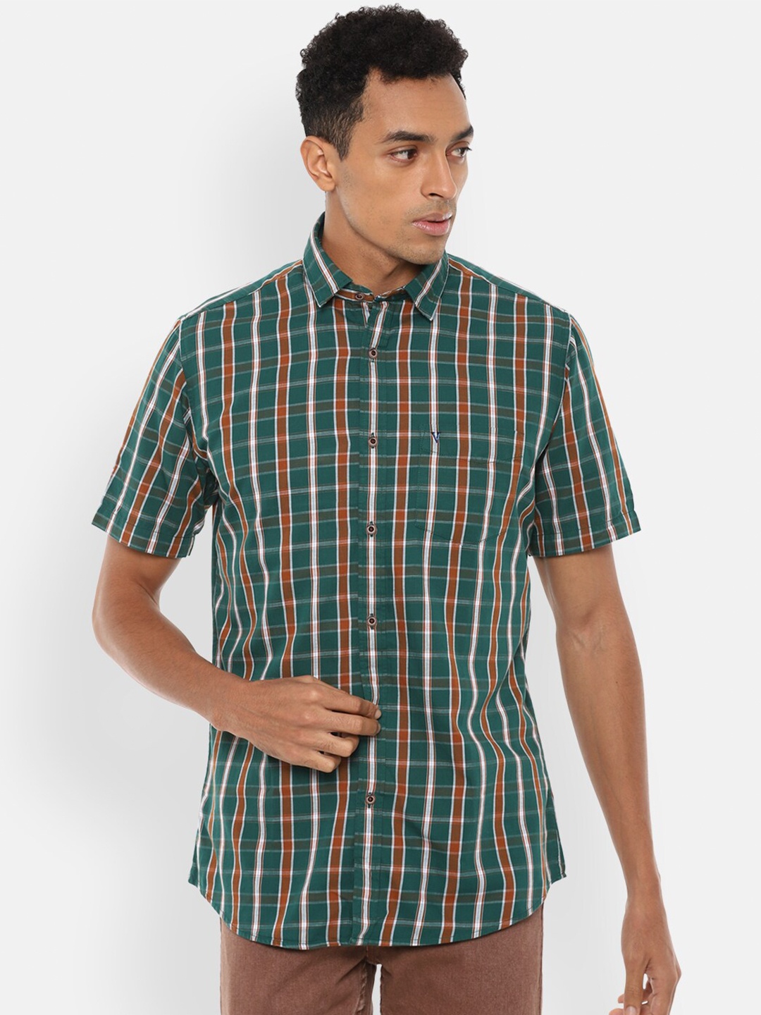 

VAN HEUSEN DENIM LABS Men Green Slim Fit Checked Cotton Casual Shirt