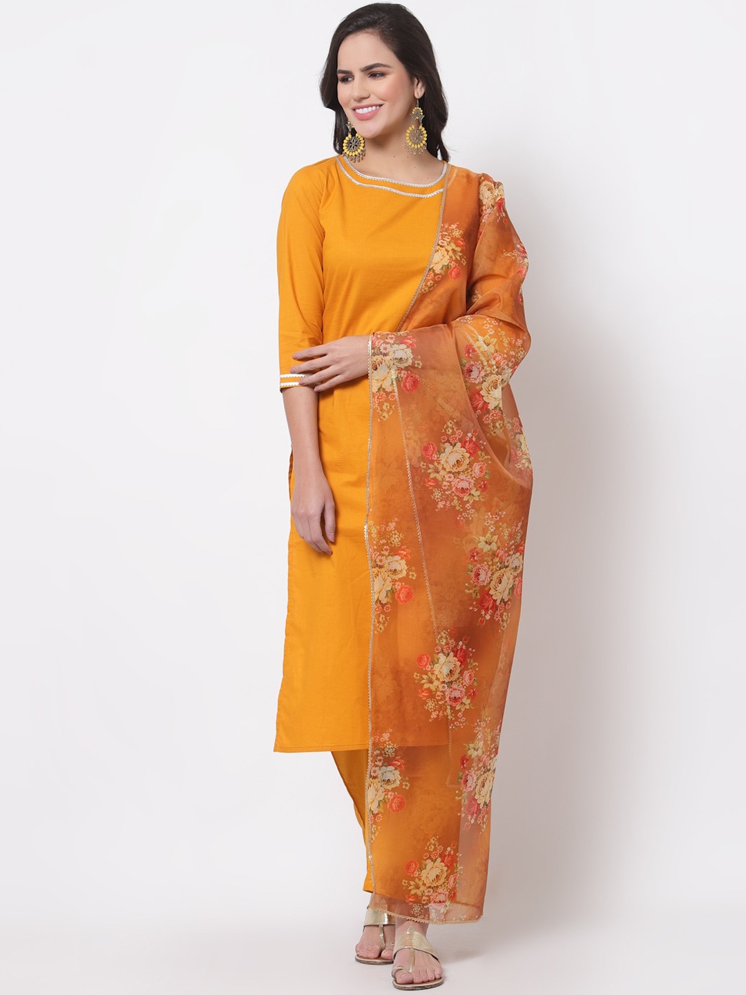 

Myshka Women Mustard Yellow Floral Pleated Pure Cotton Kurta with Palazzos & With Dupatta