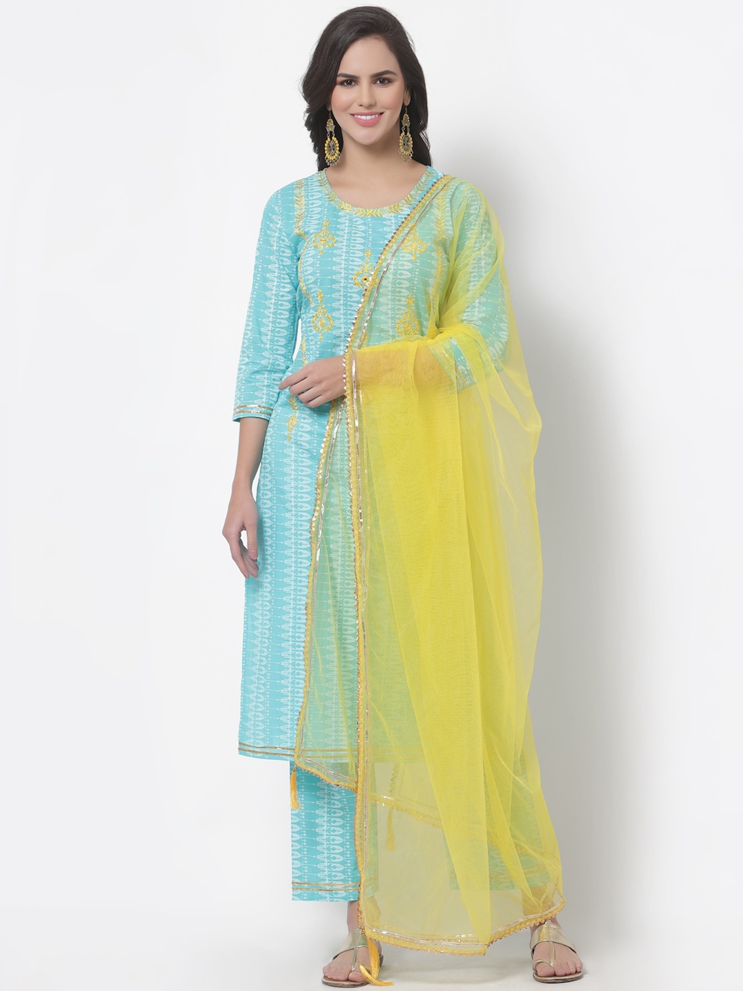 

Myshka Women Turquoise Blue Layered Pure Cotton Kurta with Trousers & With Dupatta