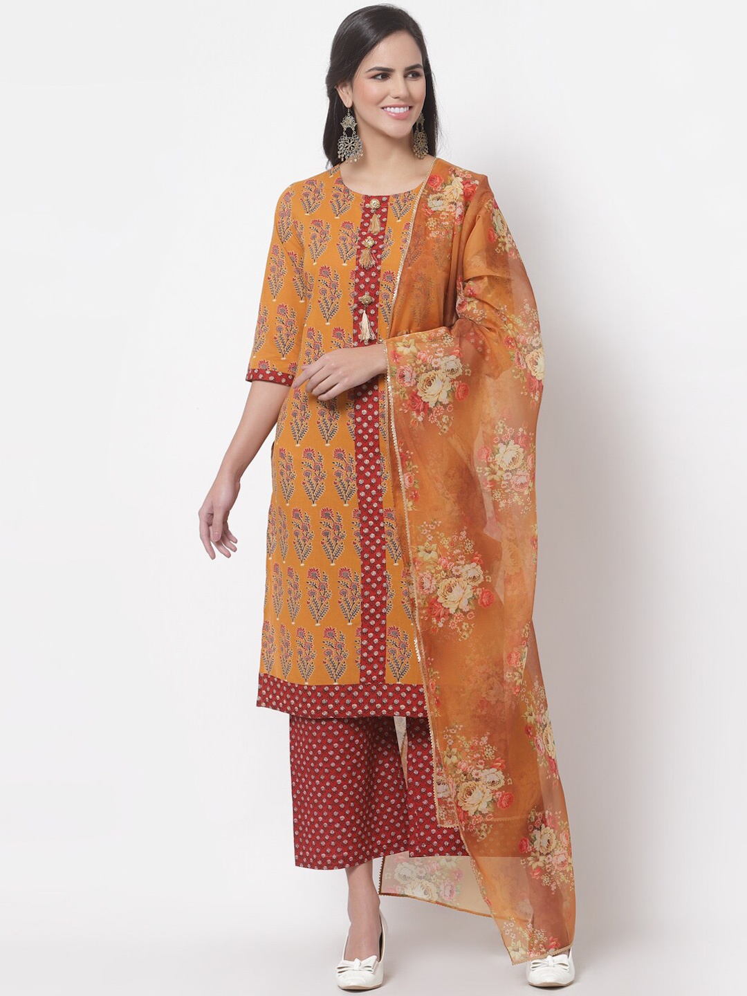 

Myshka Women Multicoloured Ethnic Motifs Printed Pure Cotton Kurti with Palazzos & With Dupatta, Multi