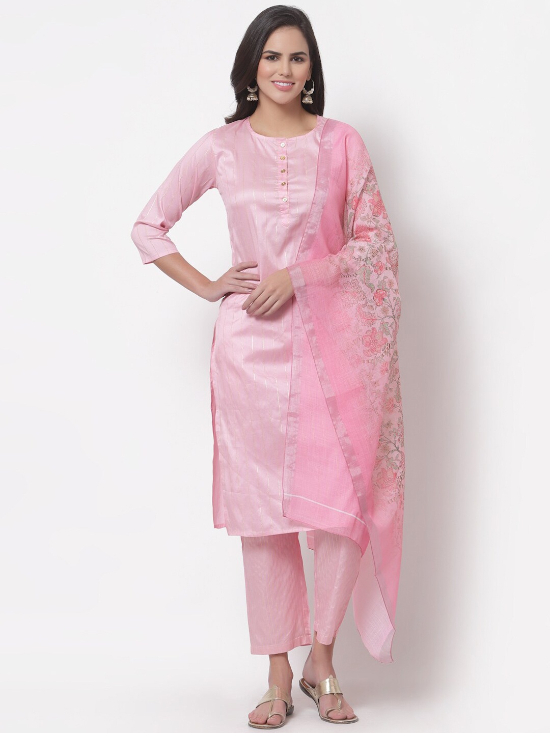 

Myshka Women Pink Panelled Pure Cotton Kurta with Trousers & With Dupatta
