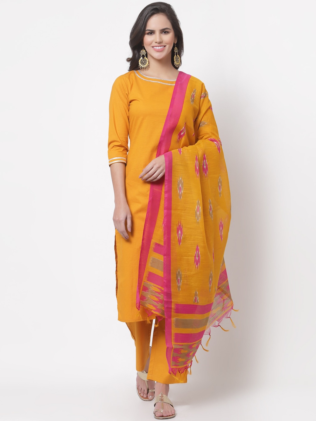

Myshka Women Mustard Yellow Pure Cotton Kurta with Trousers & Dupatta