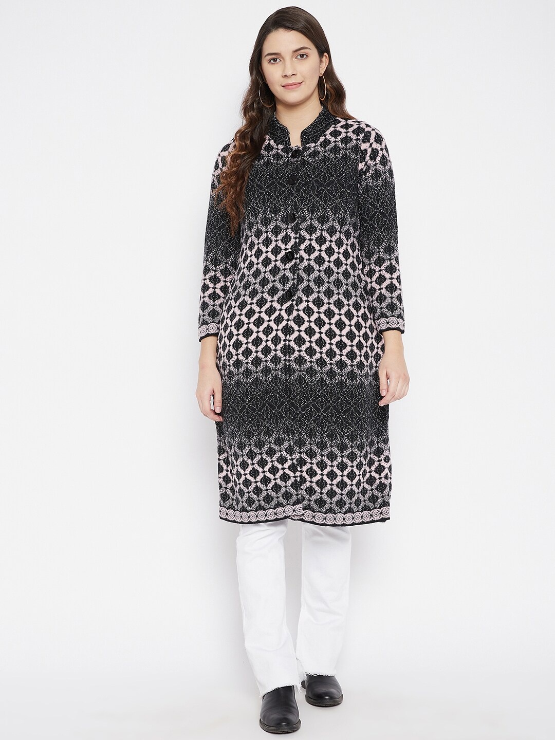 

Zigo Women Black & White Ethnic Motifs Printed Wool Blend Winter Kurta