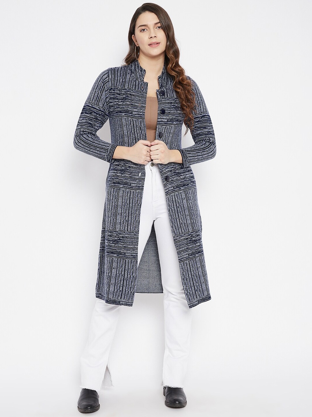 

Zigo Women Navy Blue Self Design Wool Longline Cardigan