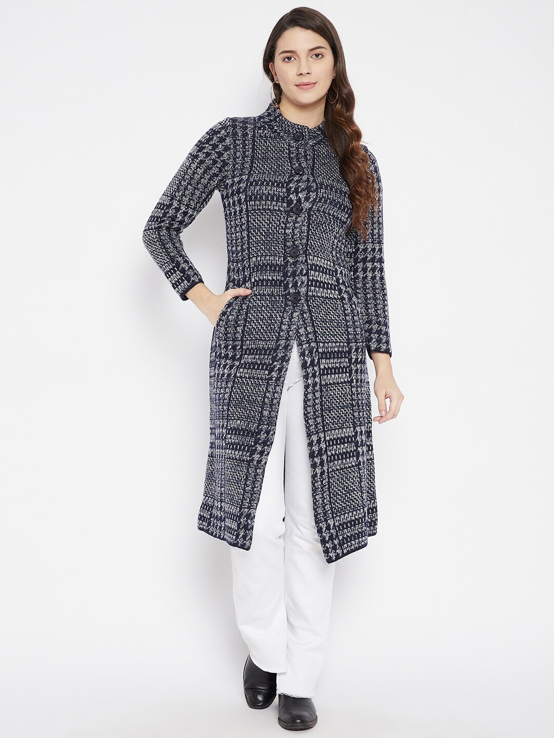 

Zigo Women Navy Blue & White Self Design Longline Cardigan